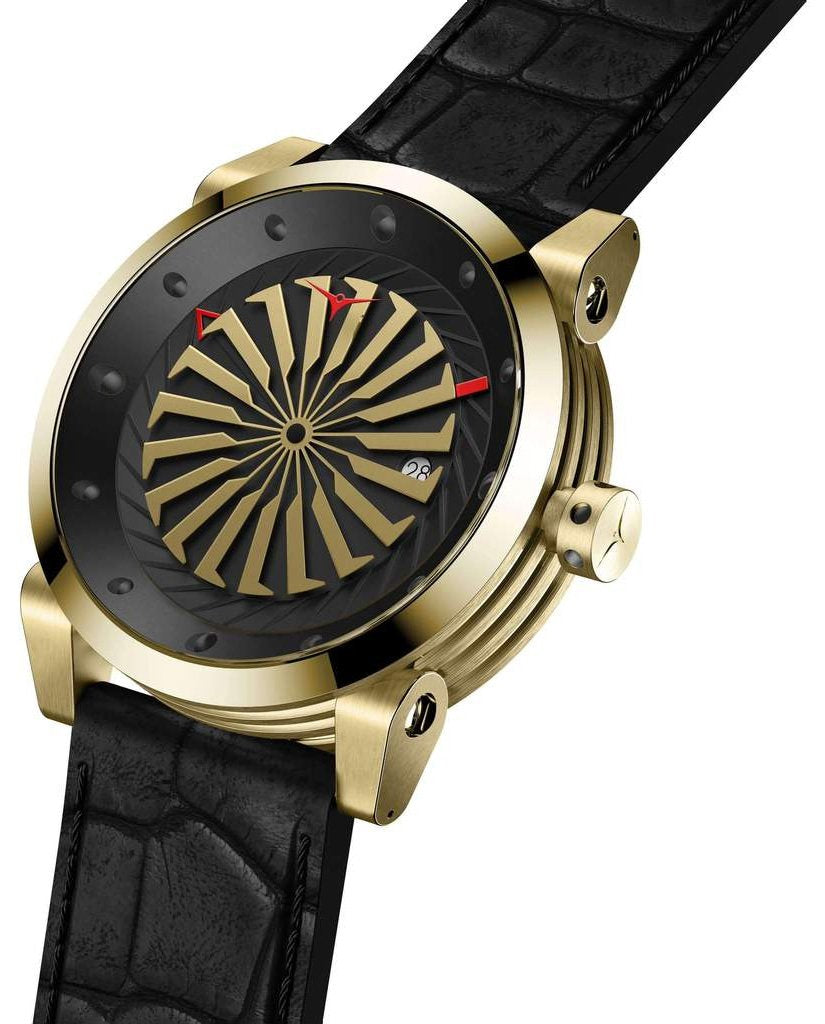 Mens Gold Watch with Black Leather Strap ZINVO Blade Onyx