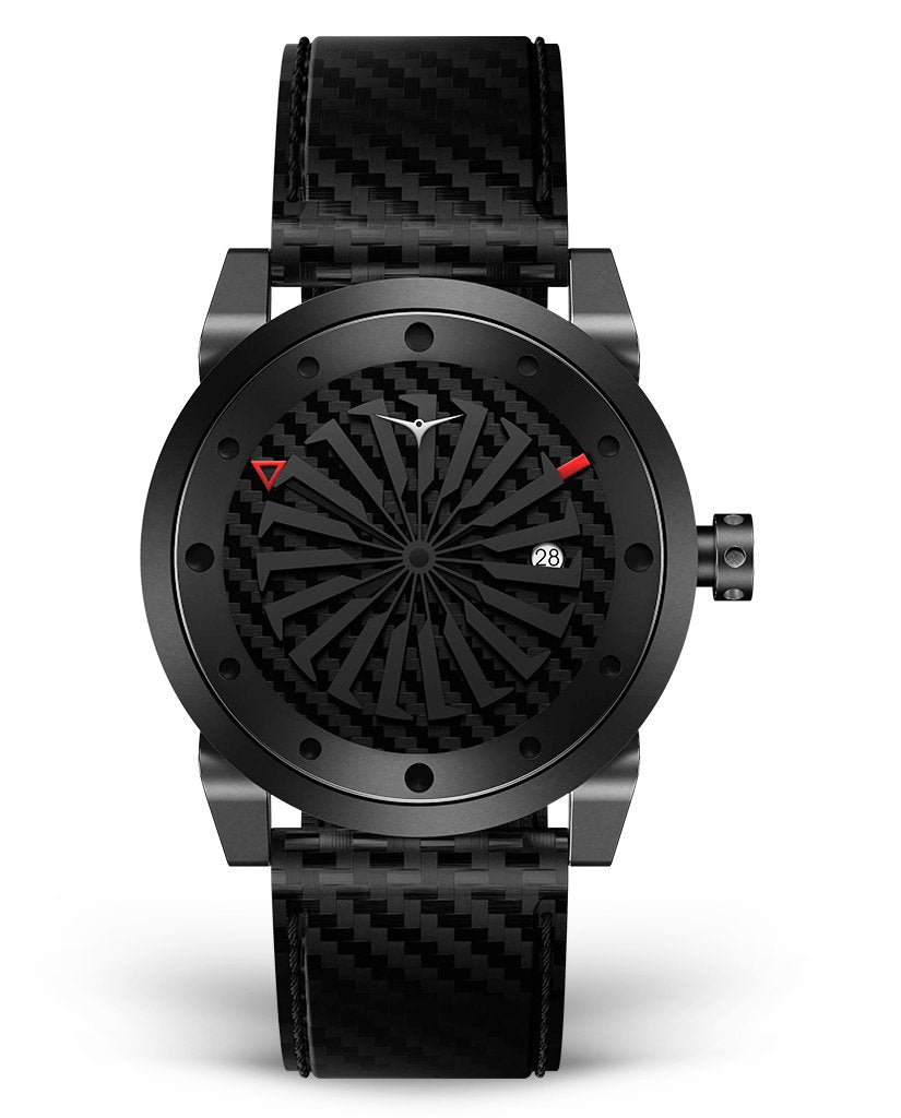 Mens Black Carbon Fiber Watch with Black Leather Strap ZINVO Blade Venom