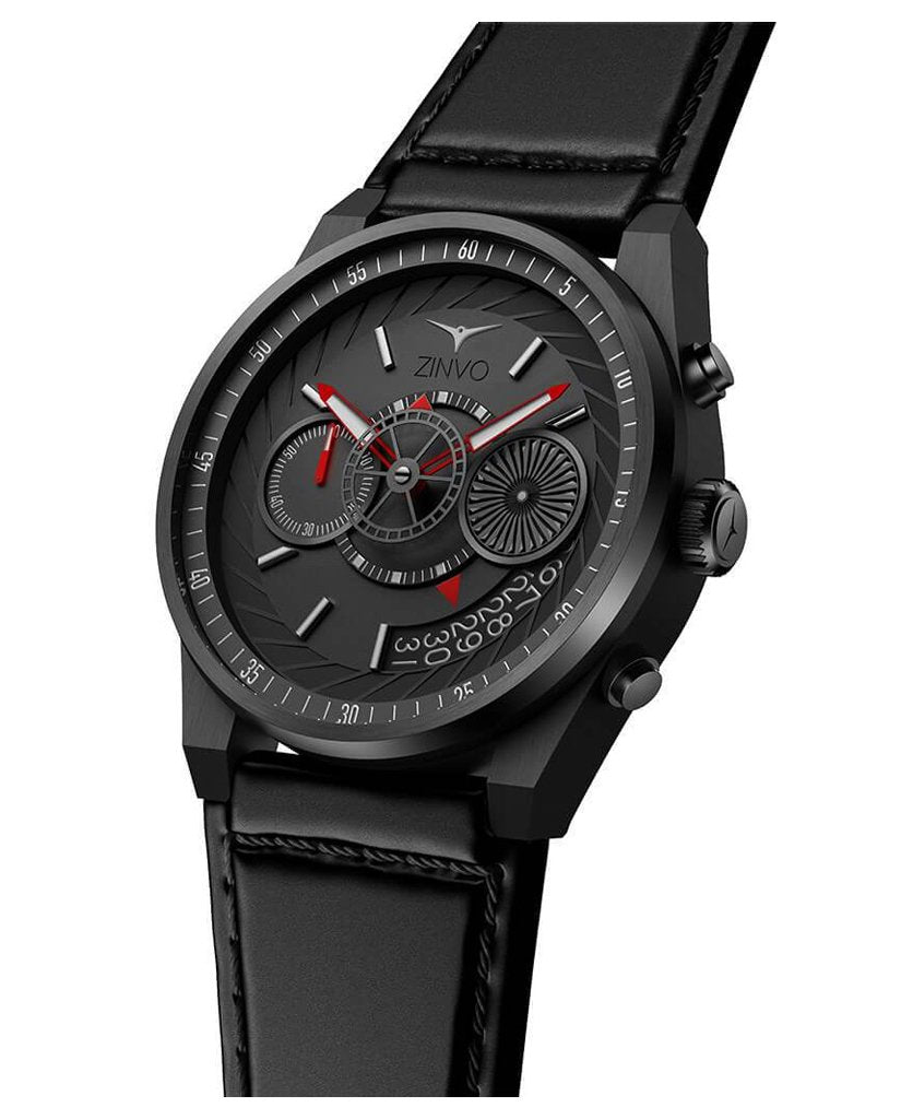 Mens Black Watch with Black Leather Strap ZINVO Chrono Black