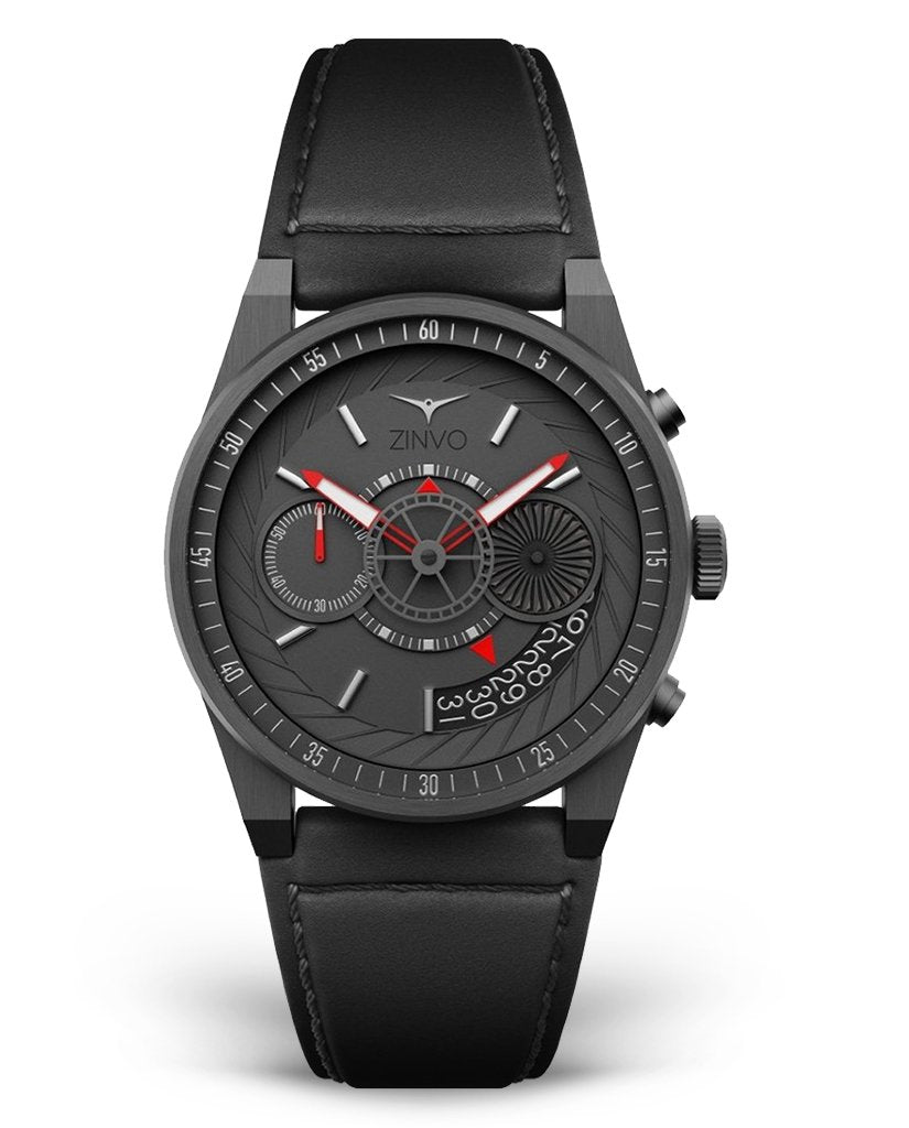 Mens Matte Grey Watch with Black Leather Strap ZINVO Chrono Gunmetal