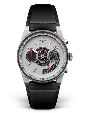 Mens Silver Watch with Black Leather Strap ZINVO Chrono Silver